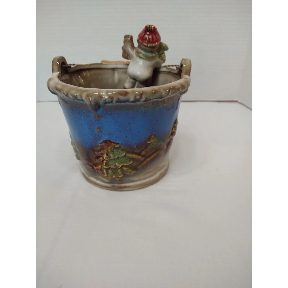Small Snowman Ceramic Gift Bucket Wood Handle Winter Village Christmas Holiday
